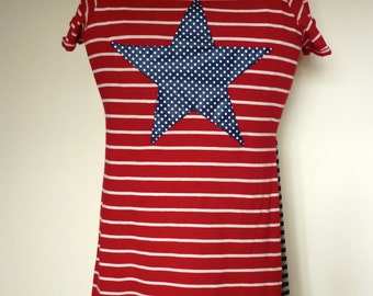 Ladies Upcycled Boho Chic Fashion Tunic Top Tee Shirt Stretch 'Star with Stripes' Small / Medium Size 12/14
