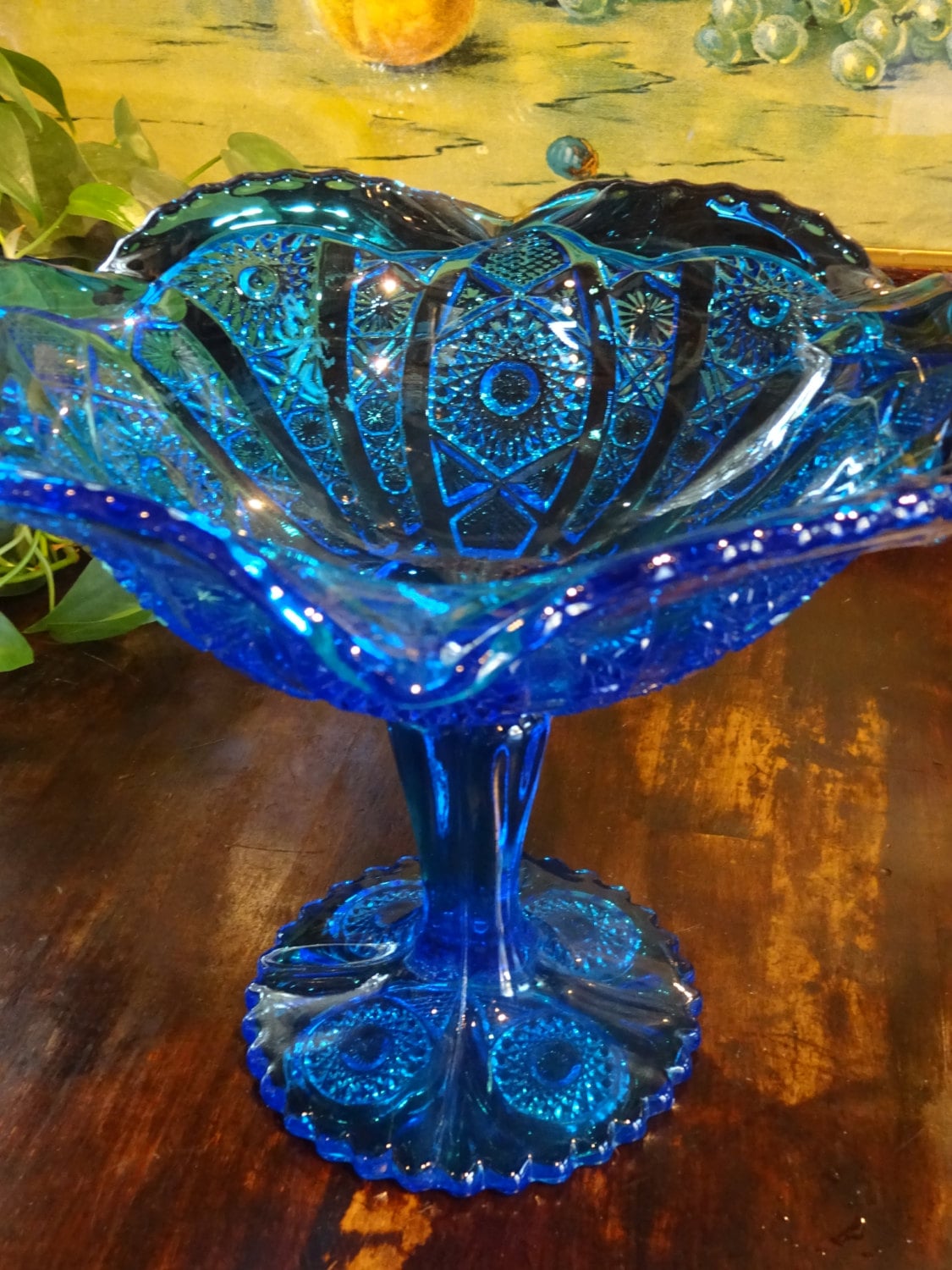 Large Imperial Blue Glass Hobstar & Arches Compote