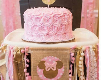 Pink and Gold MINNIE MOUSE Birthday High Chair Highchair Banner Party Vintage Photo Prop Backdrop Cake Smash Lace Burlap One First Fabric