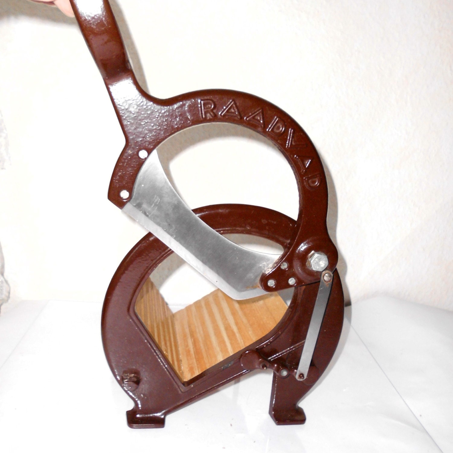 vintage brown Raadvad Hand Operated Bread Slicer c 1900