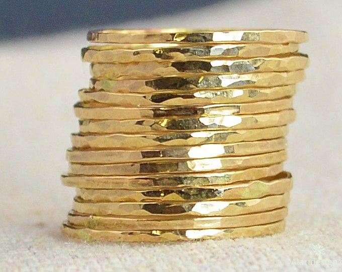 Set of 15 Super Thin 14k Gold Stackable Rings, 14k Gold Filled, Stacking Rings, Simple Gold Ring, Hammered Gold Rings, Dainty Gold Ring
