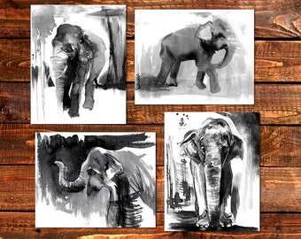 black and white art, set of prints, Elephant Prints, african art, set of 4 prints, giclee prints, husband gift african decor, Free Shipping