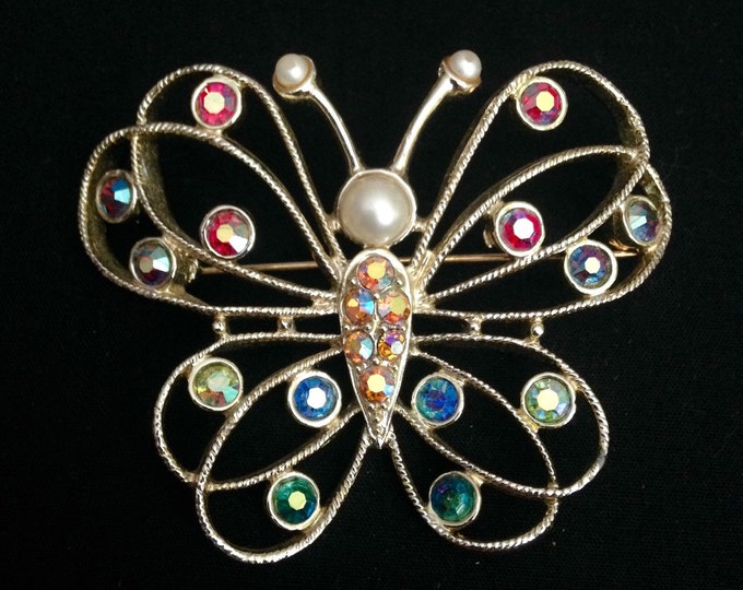 Storewide 25% Off SALE Enchanting Gold Tone Emmons Designer Signed Butterfly Cocktail Brooch Featuring Assorted Iridescent Rhinestone Accent