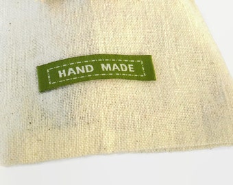x15 Green Handmade Sewing Labels, *NOT Customizable*, Green Sew On fabric Labels 45mmx10mm, Linen Labels REF#GR15HD