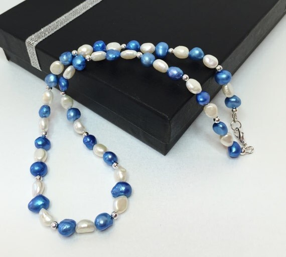 Royal Blue Pearl Necklace Genuine Cultured by LynnsGemCreations