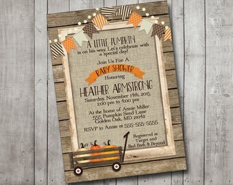 Boy Or Girl Baby Shower Invitation Pumpkin Fall Autumn Wagon Rustic Burlap Orange Bunting Banner Lights Wood Shabby Printable Custom Digital