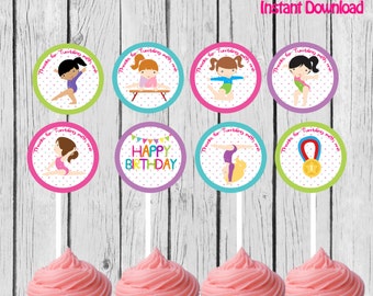Gymnastic Cupcake Toppers, Gymnastic Stickers, Gymnastic Party Printable, Gymnastic favors DIY, Instant Download