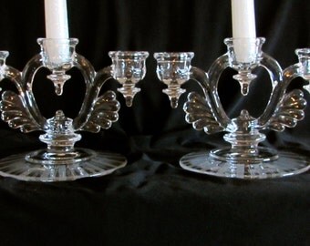 Triple Candle Holder Set, New Martinsville Moondrops Elegant Candlestick Holders, Wedding Decor, Home Decor, laslovelies