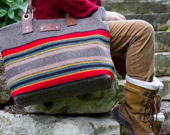 Travel Bag with Leather Handle Made From Pendleton Wool,Yakima Camp Blanket, Weekender, Crossbody Bag
