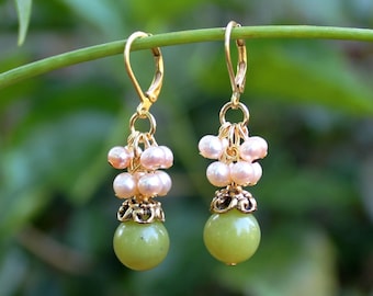 Lime Jade Cluster Earrings.Freshwater Pearls.Bead Cap plated in 24k Gold.Dangle.Drop.Bridal.Mother's Valentine.Holiday.Gift. Handmade.