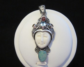 MoonMan Opal, Blue Topaz, Citrine, Garnet, Sterling Silver Pendant (126)