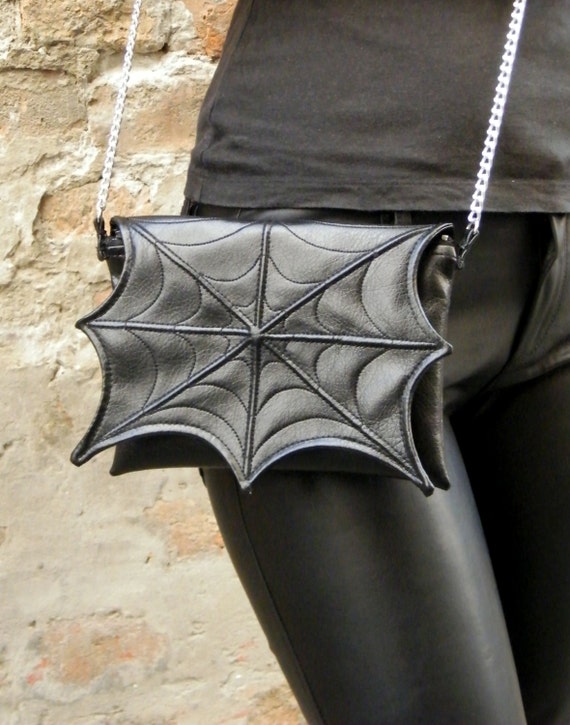 Black spider web bag with chain strap Black Faux leather