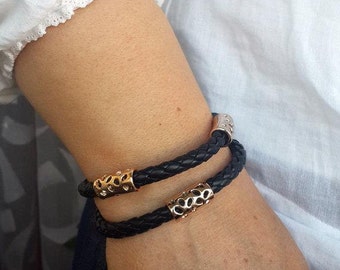 Women Black Leather Bracelet With Golden Clasp & Golden Tubes Women Gift