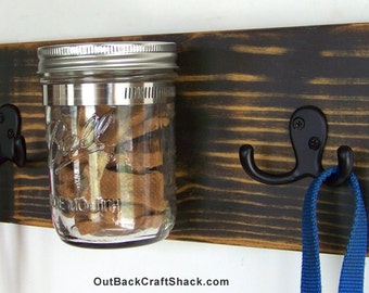 Dog Leash Holder with Treat Jar; Distressed Black; Two Dog Leash Hooks; Pet Accessories; Rustic Decor; Multiple colors available!