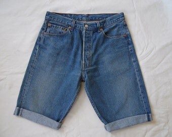 Mens denim shorts, Levis 501 long blue shorts, distressed denim jeans shorts, cut off long shorts, waist 31 Small