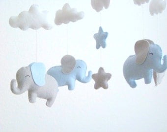 Blue and gray elephant baby mobile, elephant mobile, baby mobile, nursery crib mobile, blue nursery decor, cloud and star mobile