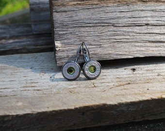 SALE-9mm Luger Gunmetal French Lever Backs With Peridot Stones-Nickel Free-Lead Free-Brass Free- Bullet Earrings Bullet Jewelry