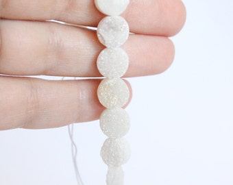 2 Pieces - White Druzy Beads - 10mm Side Drilled Round Druzy - Druzy Beads Sparkling Druze White Beads Druzy Round Flat Coin Beads / DB-001