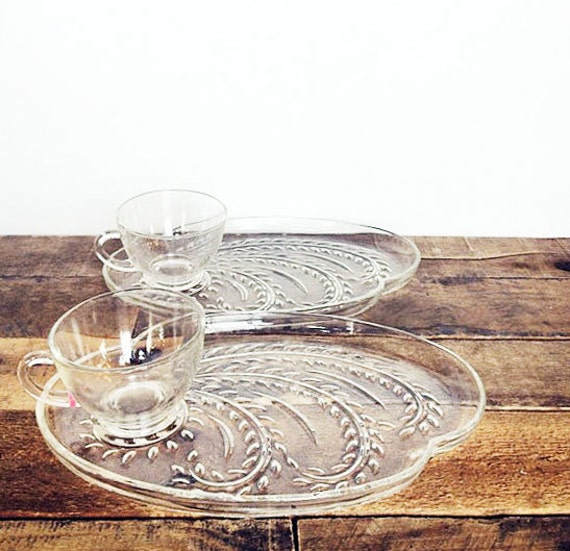 SALE Pair of vintage glass tea cups and matching snack