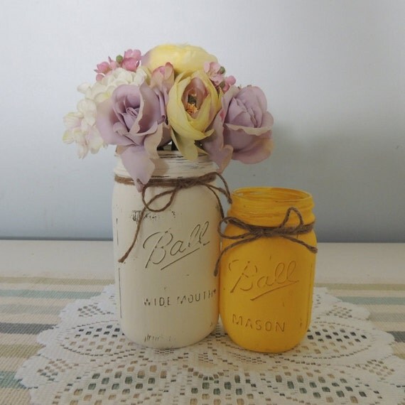 White and Yellow Mason Jar Vases Wedding Centerpiece Bridal