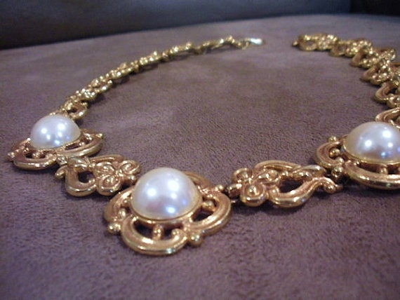 Vintage Necklace Carol Dauplaise Necklace Faux Pearl Cabochons Fashion Designer Necklace Wedding Bride Bridal Runway Couture Jewelry Choker