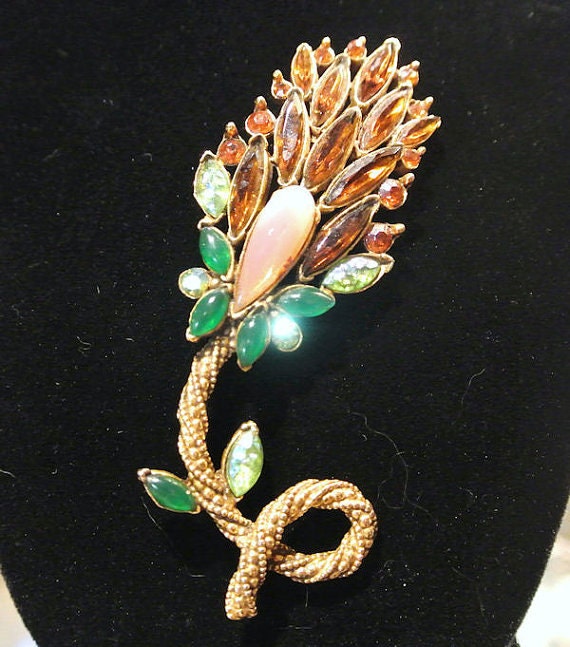 Mid Century 1960s Rhinestone Brooch Florenza Designer Flower AB Aurora Borealis Art Glass Fashion Jewelry Brooch Wedding Flower Girl