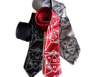 d20 Necktie. Dungeons & Dragons inspired role playing game gift. "20 Sided Tie," rpg twenty sided die silkscreen print. Polyhedral dice.