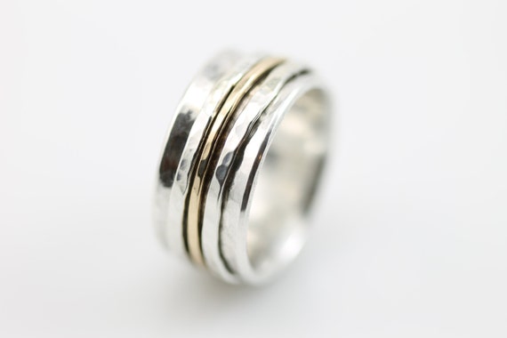 Wide Hammered Spinner Ring with Solid Gold Spinners silver