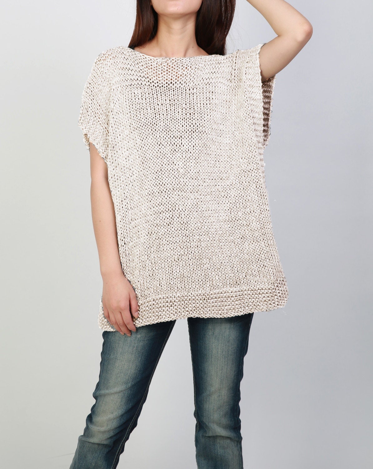 Hand knit Tunic sweater eco cotton woman sweater vest wheat top ...
