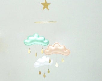 Mint Peach White cloud mobile for nursery with gold star " IRINA" by The Butter Flying-Rain Mobile-star mobile-Baby mobile - Cloud mobile -