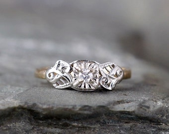 Vintage Diamond Engagement Ring - Circa 1960's - Retro Engagement Ring - 14K Yellow and White Gold