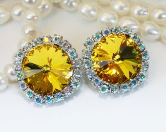 Yellow Clip On Earrings AB Swarovski Crystal Sunflower Yellow Citrine Canary Yellow Wedding 14mm Halo Rhinestone ,Silver,Sunflower,SE110