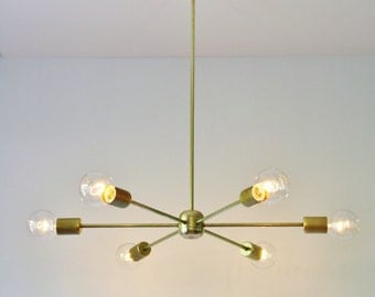 Modern Brass Chandelier, Mid Century Starburst Sputnik Chandelier Lighting Fixture, 6 Arms & Sockets, BootsNGus Lighting and Home Decor