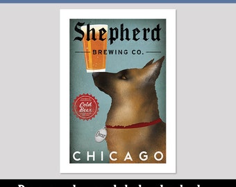 FREE Personalization German Shepherd Brewing Co. CUSTOM -- Beer ILLUSTRATION Giclee Print signed