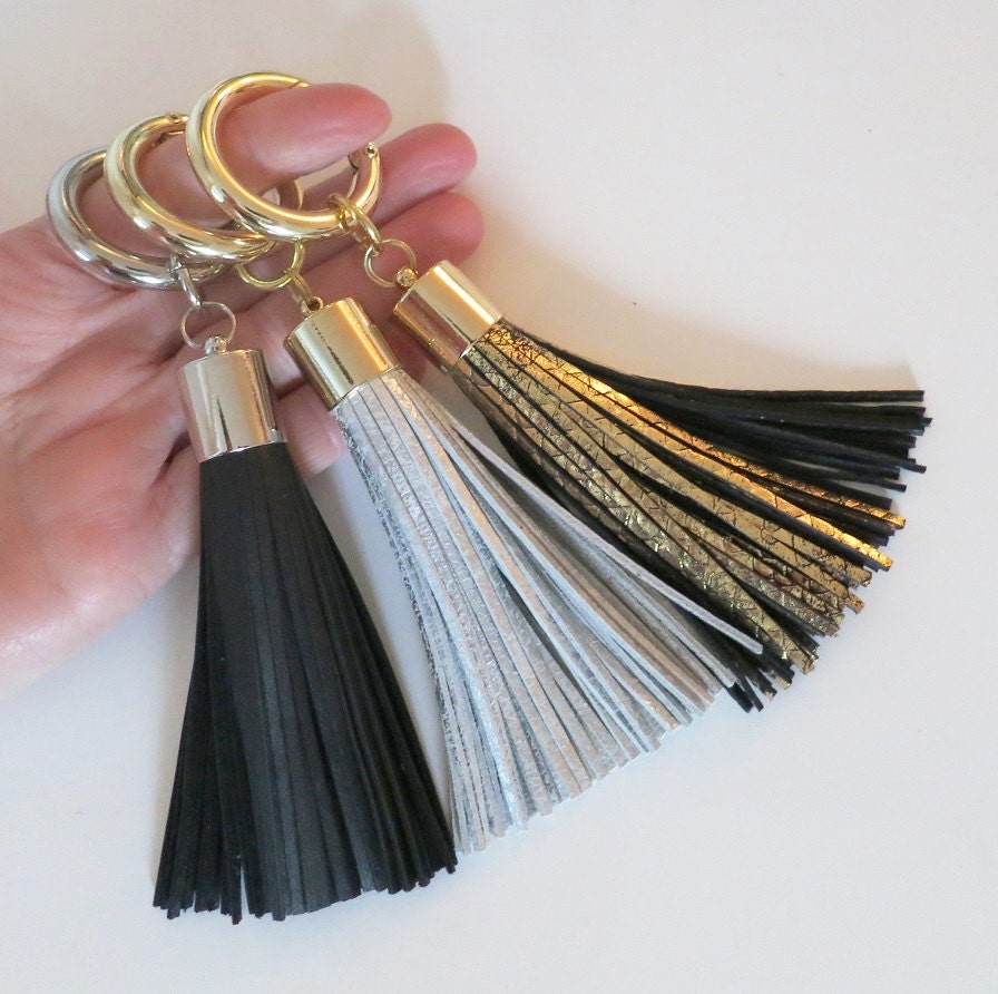Large Leather Keychain Silver Tassel Keyring Large by AngelPearls