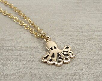 Little Octopus Necklace, Gold Plated Octopus Charm on a Gold Cable Chain