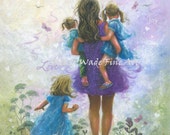 Mother and Three Blonde Girls Art Print, three blonde sisters, Mom, purple, blue, mother, carrying children, wall art Mother and Three Blonde Girls Art Print, three blonde sisters, Mom, purple, blue, mother, carrying children, wall art
