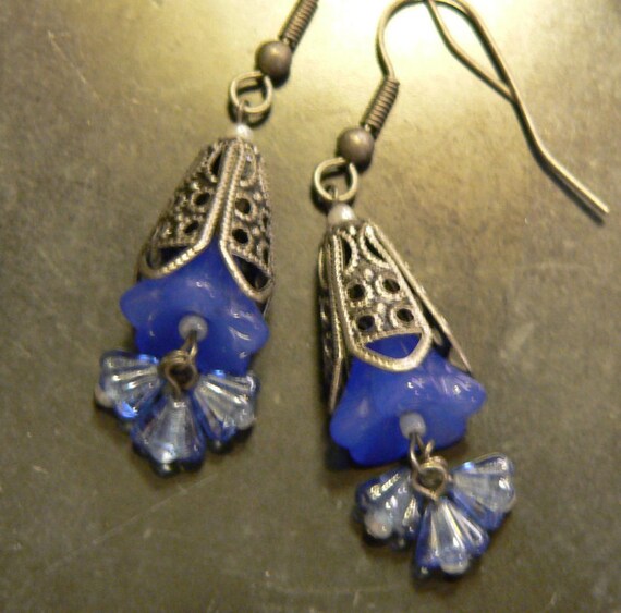 Blue earring Dangle earring Blue glass flower flower