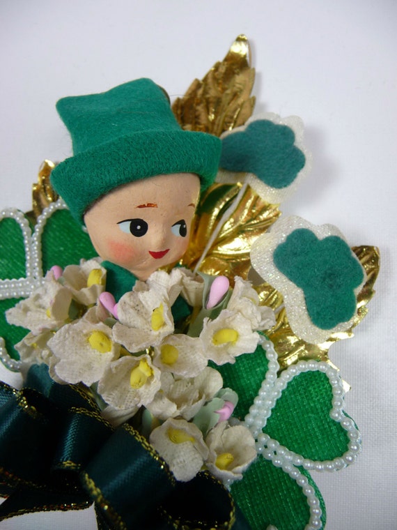 St Patrick's Day Corsage Vintage Spun Cotton Leprechaun Laddy Lucky Green Shamrocks Irish Party Retro Decoration