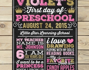 Girl 1st Day of School Sign - Pink and Gold First Day of School Chalkboard Sign - Back to School Sign - Princess 1st Day of Preschool Sign