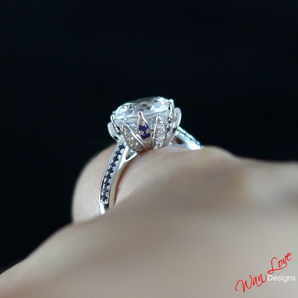 Blue & White Sapphire Diamond Lotus Flower Engagement Ring