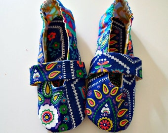 Fabric slippers Mary jane house shoes dutch print fabric colorful with faux leather sole eco friendly shoes