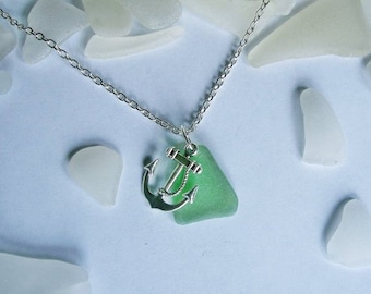 Green beach sea glass necklace with anchor. Seaglass jewelry.