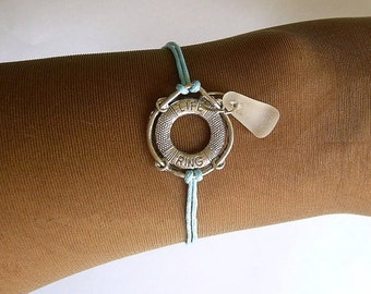 Sea glass bracelet with life ring. Sea glass jewelry. Beach gift.