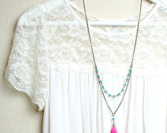 Tassel Necklace - The Perfect Pink and Turquoise Tassel Necklace