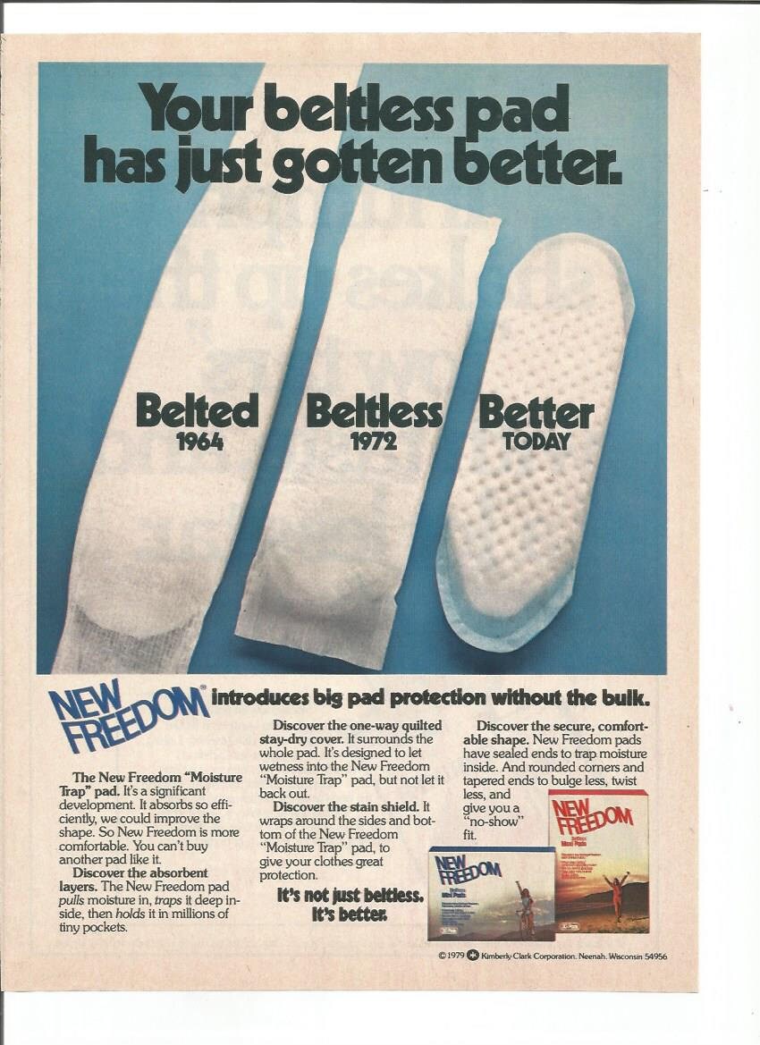 1980 Advertisement New Freedom Maxi Pad Beltless No Pins 1964