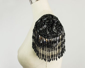 Black Beaded And Sequin Fringed Epaulet Applique / Fringe Epaulettes / Rockstar / Fashion Apparel / Costume / Diva / Bustier Bra Cups
