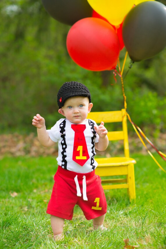 Mickey Mouse Inspired Birthday Tie and Suspender Bodysuit with