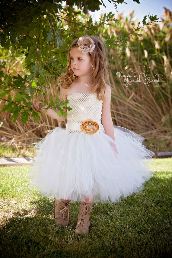 Ivory and Gold Knee Length Flower Girl Wedding Tutu Dress