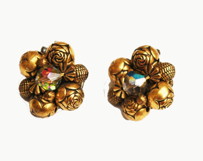 Brass Bead cluster clip on earrings with Aurora Borealis crystal bead